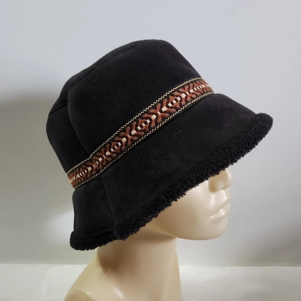 NINE & Company Black Faux Suede Faux Fur Tribal Native Aztec Bucket Hat